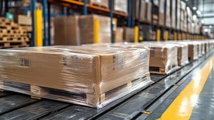 A pallet covered in stretch film, prepared for shipping in a high-tech warehouse, showcasing the contrast between the smooth plastic and rough wood texture