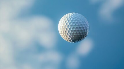 A golf ball in mid-air against a blue sky, captured at the moment of impact, showcasing motion and precision