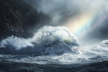 A dramatic shot of a large wave crashing against a rocky shore, with sunlight illuminating the spray and creating a rainbow effect in the mist.