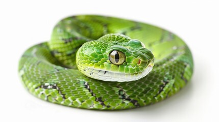 Fototapeta premium A green snake is curled up on a white background. The snake is small and has a green color. Snake - 2025 symbol