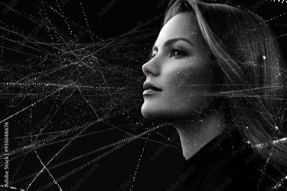 Poster neural resonance higher order thinking woman’s face made of connected lines and dots symbolizing int