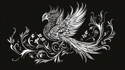 Fototapeta premium Mythical Thai Bird Ornament Vector Illustration with Flowing Feathers in Tattoo Art Style on Solid Background.