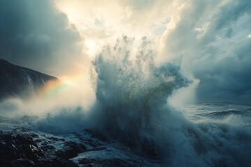 A dramatic shot of a large wave crashing against a rocky shore, with sunlight illuminating the spray and creating a rainbow effect in the mist.