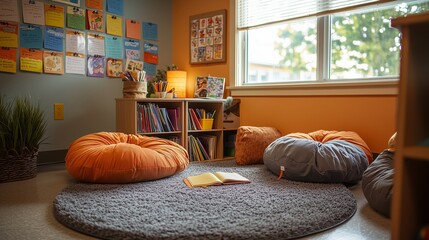 A cozy and inviting reading nook in a colorful classroom, with bean bags, bookshelves, and educational materials on display.