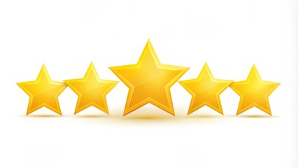 Glowing yellow five-star rating icon with bright shiny stars and a subtle shadow, set against a clean white background, indicating exceptional customer satisfaction.