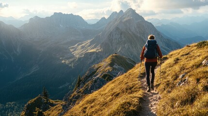 A hiker walking along a narrow mountain track with a scenic view, symbolizing perseverance and exploration.
