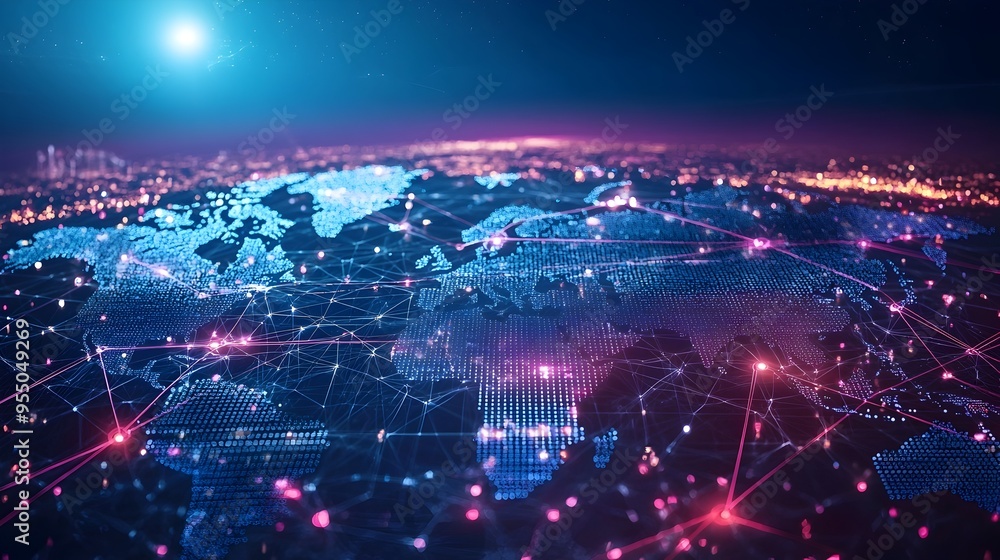 Poster global technological interconnected network representing futuristic innovation