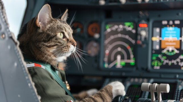 A cat dressed as a pilot sits in the cockpit of an airplane, looking intently at the controls and instrumentation. - Powered by Adobe