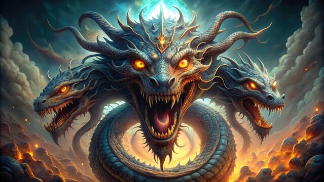 A fantastical, three-headed serpent-like creature emerges from a mystical vortex, its glowing eyes and snarling faces exuding ancient power and malevolent intent.