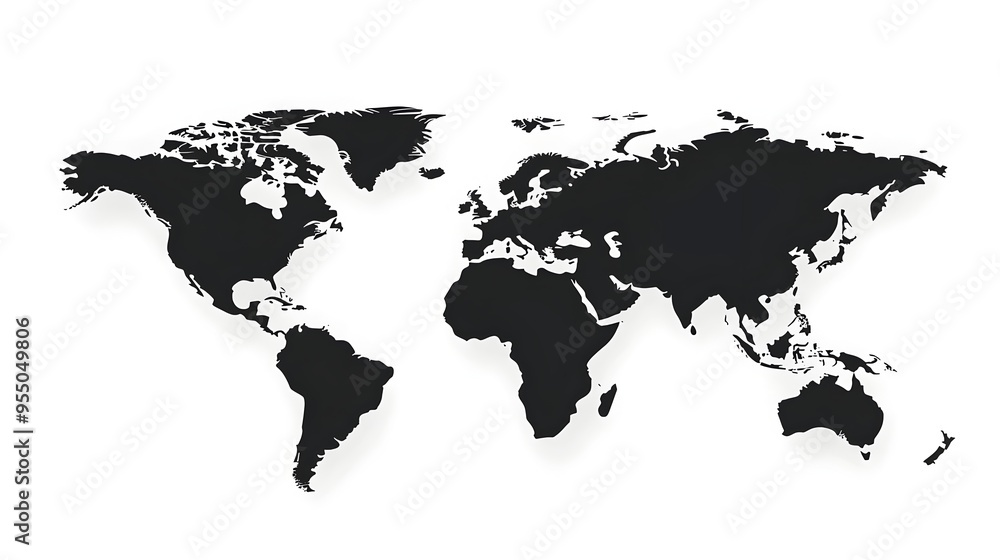 Poster minimal world map in clean black lines isolated on white background