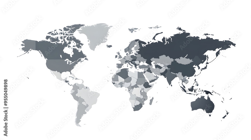 Poster detailed gray-scale world map with defined continent shapes and borders