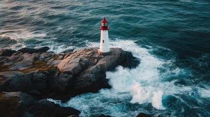 A lone lighthouse standing on a rocky coastline, with waves crashing against the shore, symbolizing solitude and guidance.
