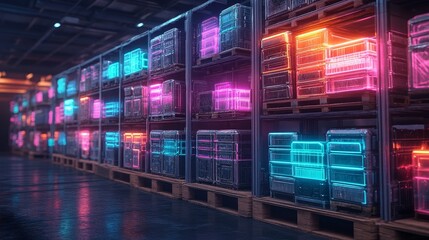 A pallet stacked with vibrant, colorful boxes, each representing different product types in a diverse inventory, set in a modern warehouse environment