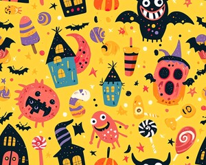 Cute Halloween pattern with houses, monsters, and candy on yellow background