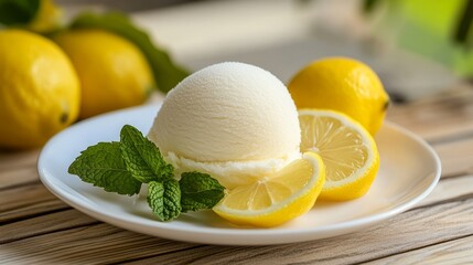 A scoop of lemon sorbet with lemon slices and mint leaves on a white plate.