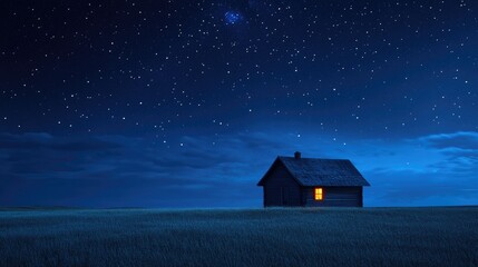 A lonely farmhouse in a vast field under a starry night sky, with the warm glow of a single window light, depicting isolation.