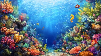 A vibrant underwater scene showcasing colorful corals and marine life.