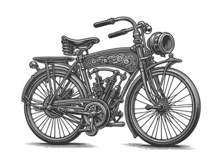 Obraz premium Steampunk vintage motorcycle bike, detailed design elements and classic styling sketch engraving generative ai vector illustration. Scratch board imitation. Black and white image.