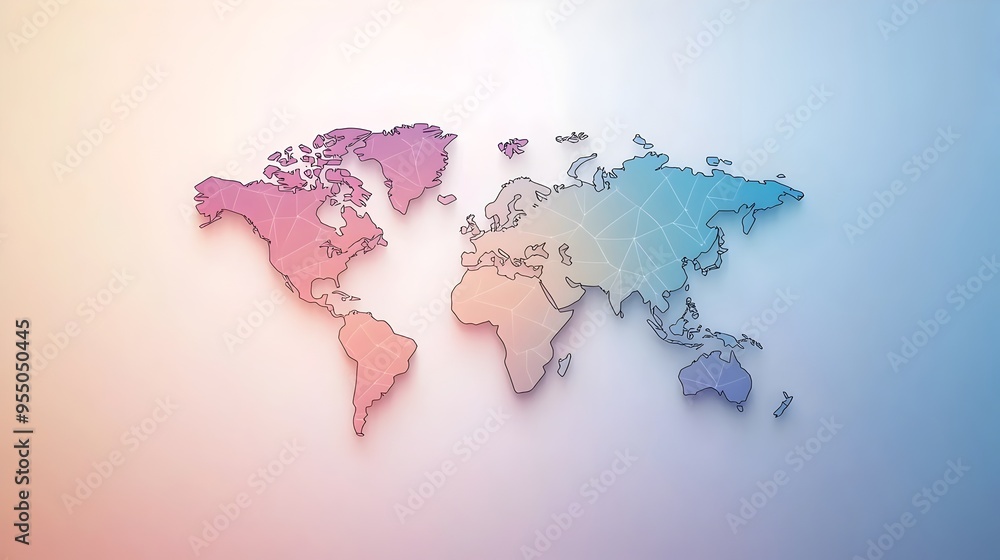 Poster stylized minimalist world map with soft curved lines on white background