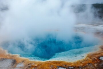 A faraway hot spring in the middle of a barren landscape, its steam rising sharply into the air