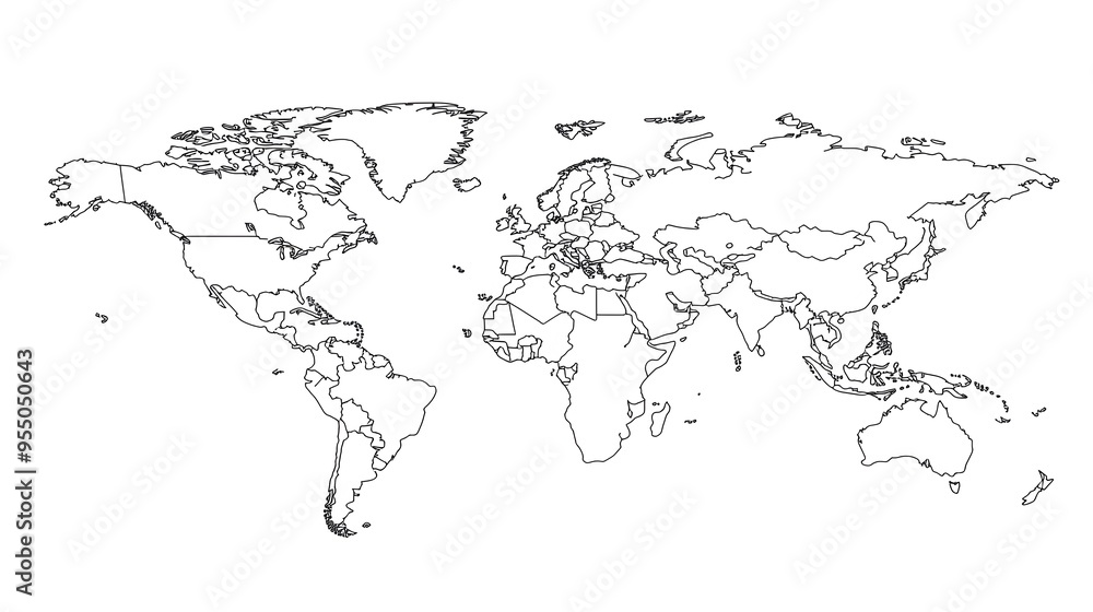 Poster precise of a detailed world map with outlined continents on a clean white background