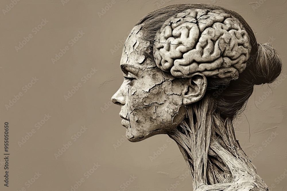 Poster cognitive empathy neural pathways side profile of woman with a brain exposed and textured skin symbo