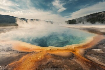 A faraway hot spring in the middle of a barren landscape, its steam rising sharply into the air