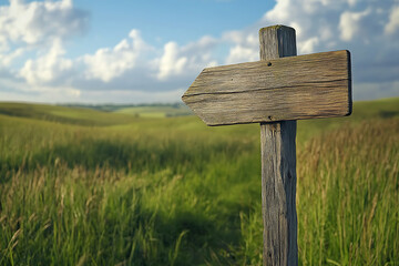 A wooden signpost points towards a path in a lush green landscape under a blue sky.