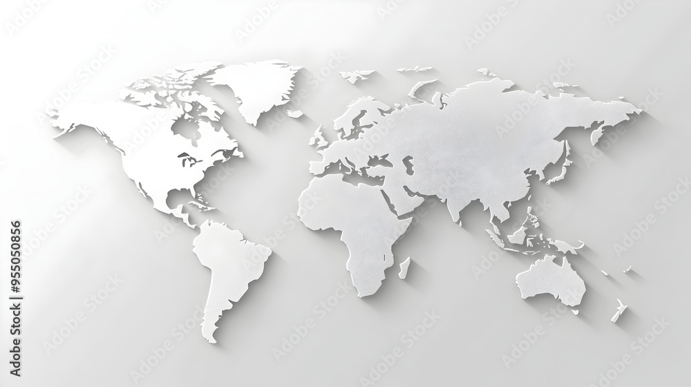 Poster crisp world map with subtle grey shading on continents against white background