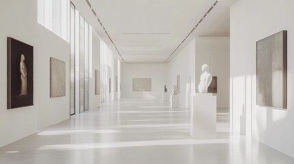 Obraz premium A modern art gallery with white walls and sculptures, bathed in soft, natural light, conveying a quiet and reflective space
