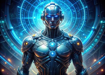 Fototapeta premium A futuristic, heavily-armored, cybernetic warrior stands at attention, glowing blue circuits and wires visible beneath its synthetic skin, surrounded by a halo of code.