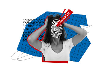 Collage picture of black white colors girl hypnosis instead face hands touch head isolated on...