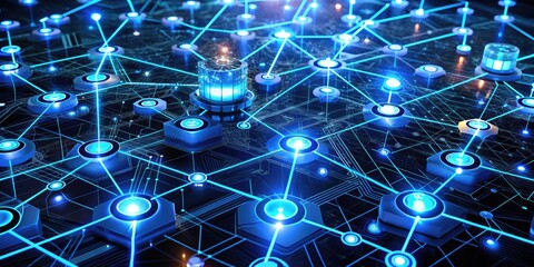 A futuristic network of interconnected nodes and glowing blue circuits protects sensitive data, representing advanced cybersecurity measures and robust digital defense systems.