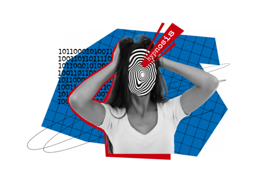 Collage picture of black white colors girl hypnosis instead face hands touch head isolated on drawing creative background