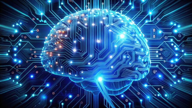 A futuristic virtual brain made of circuits and wires glows with bright blue light, representing innovative technology and advanced digital intelligence.