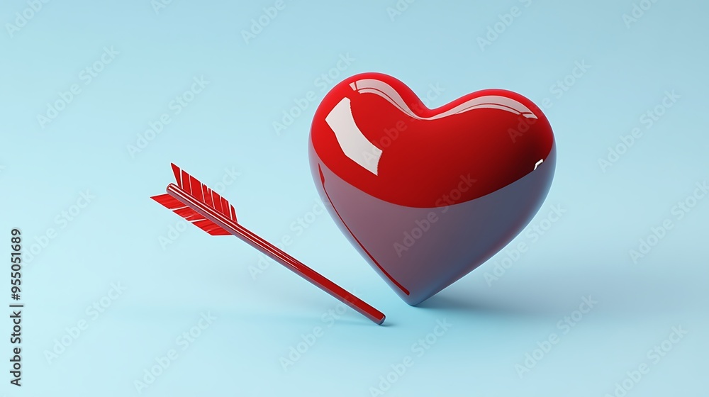Aufkleber whimsical 3d red heart icon with arrow on blue background - minimalistic isometric design with soft 