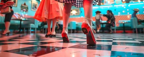 Lively 1950s Rockabilly Dance Off on Retro Checkerboard Dancefloor with Vintage Diner Backdrop