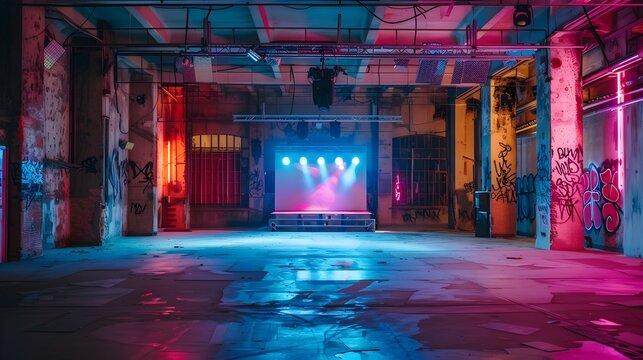 Vibrant Neon Graffiti Dance Floor in Vintage Underground Warehouse Rave