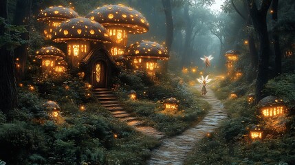 Digital painting of enchanted forest with glowing mushrooms fairies and a winding path leading to a hidden door