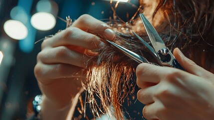 Hairdresser Carefully Trimming Hair with Professional Scissors,Strands Falling During Haircut