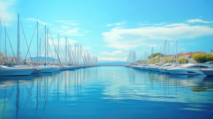 Fototapeta premium A quiet marina with empty boats gently swaying in the water, under a clear, blue sky, capturing peacefulness by the sea.