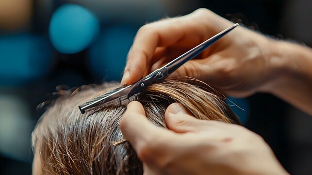Skilled Hairstylist's Hands Skillfully Cutting Client's Hair with Precision Scissors in Salon