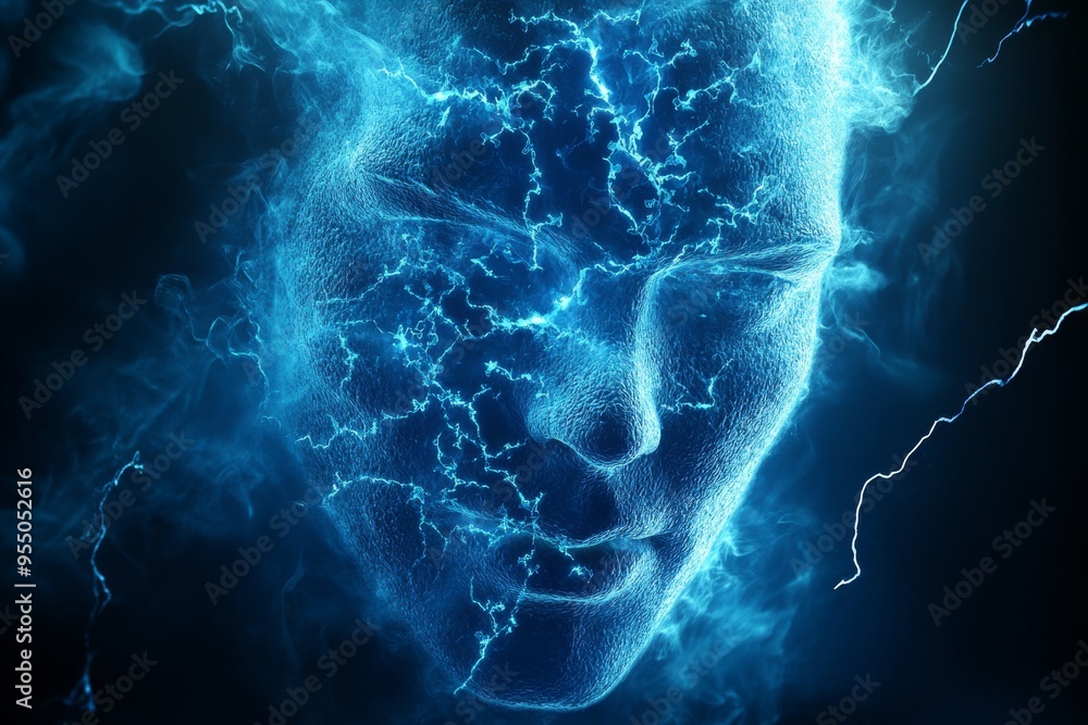 Poster shared intentionality neural pathways blue glowing face symbolizing the ethereal nature of digital c