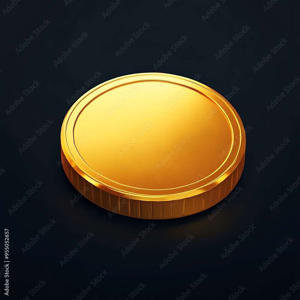 Poster glowing golden coin 3d icon on dark background - minimalistic isometric design with soft shiny finis