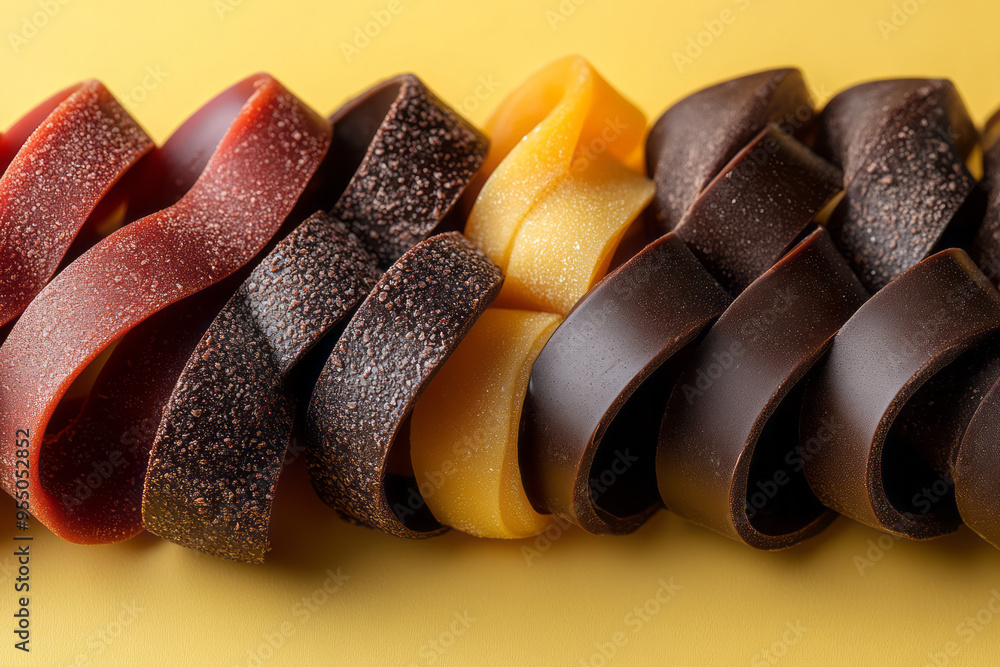 Poster a close-up of chocolate ribbons twisted together, creating an intricate knot of different types â€“ 