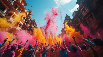 Fototapeta premium Holi Festival: People throwing and playing with colored powders, celebrating the festival of colors.