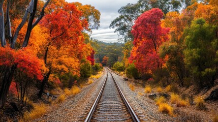 A railway track bordered by vibrant autumn trees, highlighting the seasonal beauty and changing landscapes. -