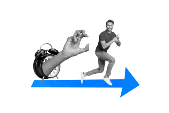 Creative composite photo collage of cunning tricky man run from arm with smartphone procrastinating isolated on painted background