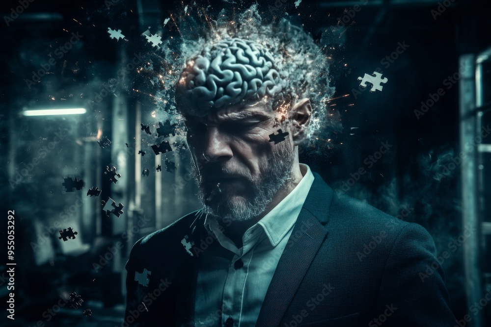 Poster social bonding neural pathways elderly man with an exposed brain and falling puzzle pieces symbolizi