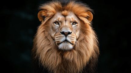 Fototapeta premium Majestic Lion Portrait with Impressive Mane Against a Dark Background